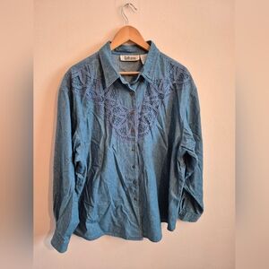 100% Cotton Galliano long-sleeved denim western shirt with floral embroidery XL